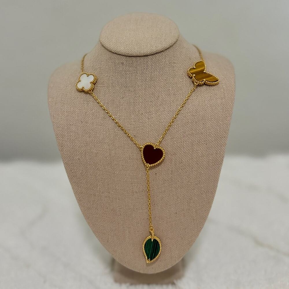 18K Gold Multi-Charm Necklace Clover, Heart, Butterfly & Leaf  (item #181)